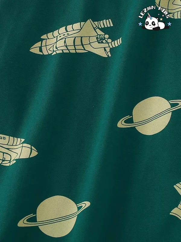 LEZONKIDS - Customizable Kids Street Wear 2PCS Green Spaceship Rocket Printed T Shirt Kids Clothing Boys Sets